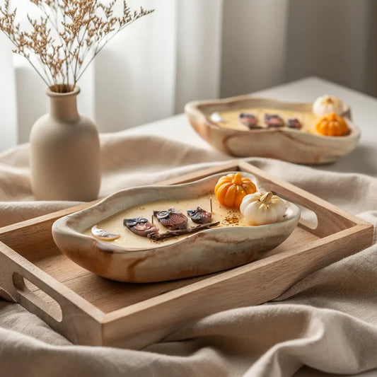 Handmade irregular boat-shaped marble concrete candle with orange soy wax and autumn toppers