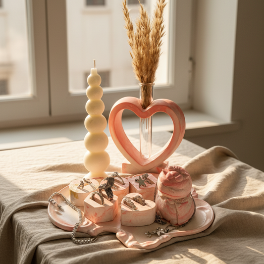 Pinky jewelry set bundle on a dressing table mirror with a royal pink tray