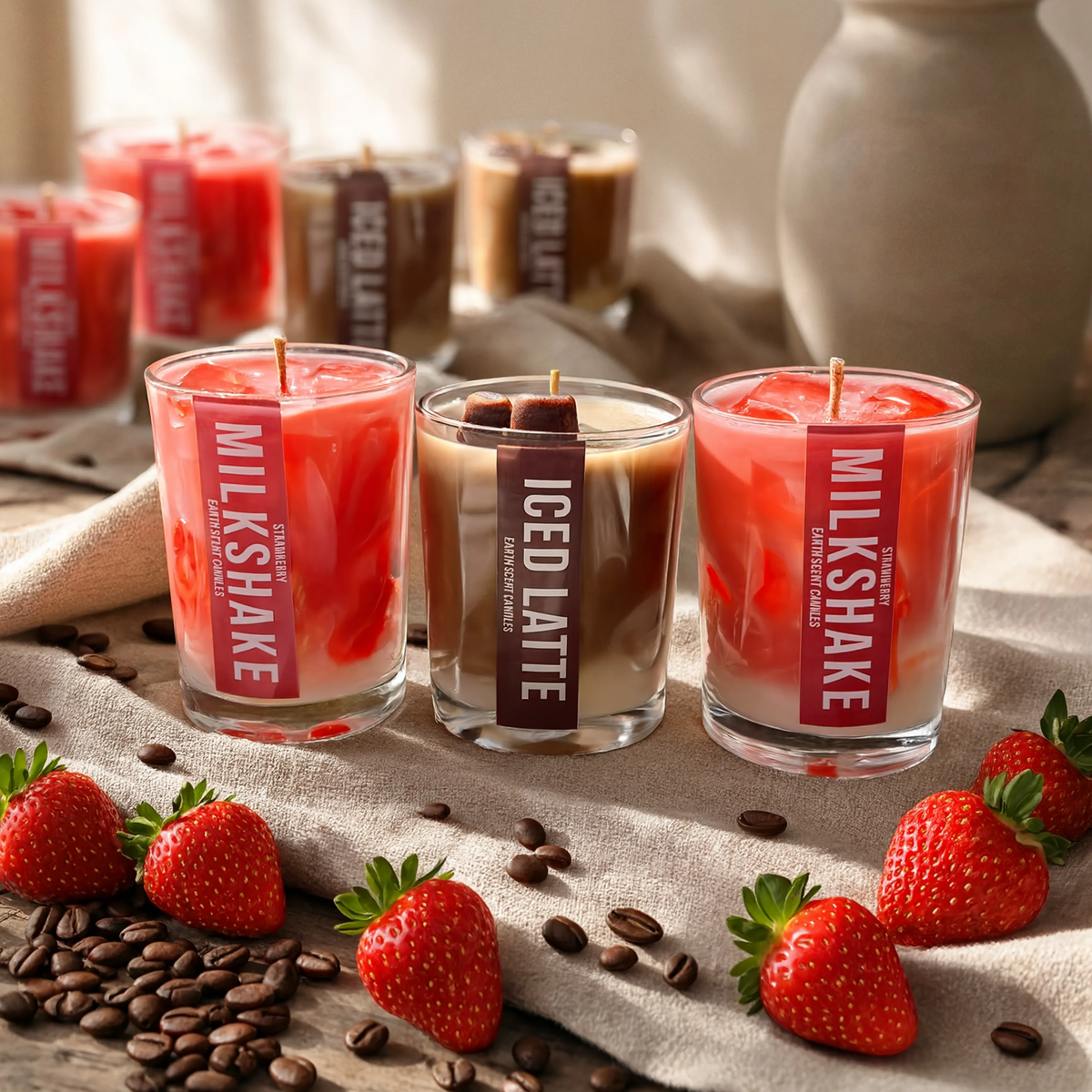 strawberry milkshake and iced coffee candles