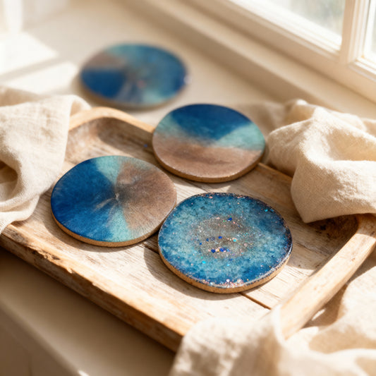 4-piece teal and gold resin coaster set sea breeze collection - كوستر ريزين ألوان البحر