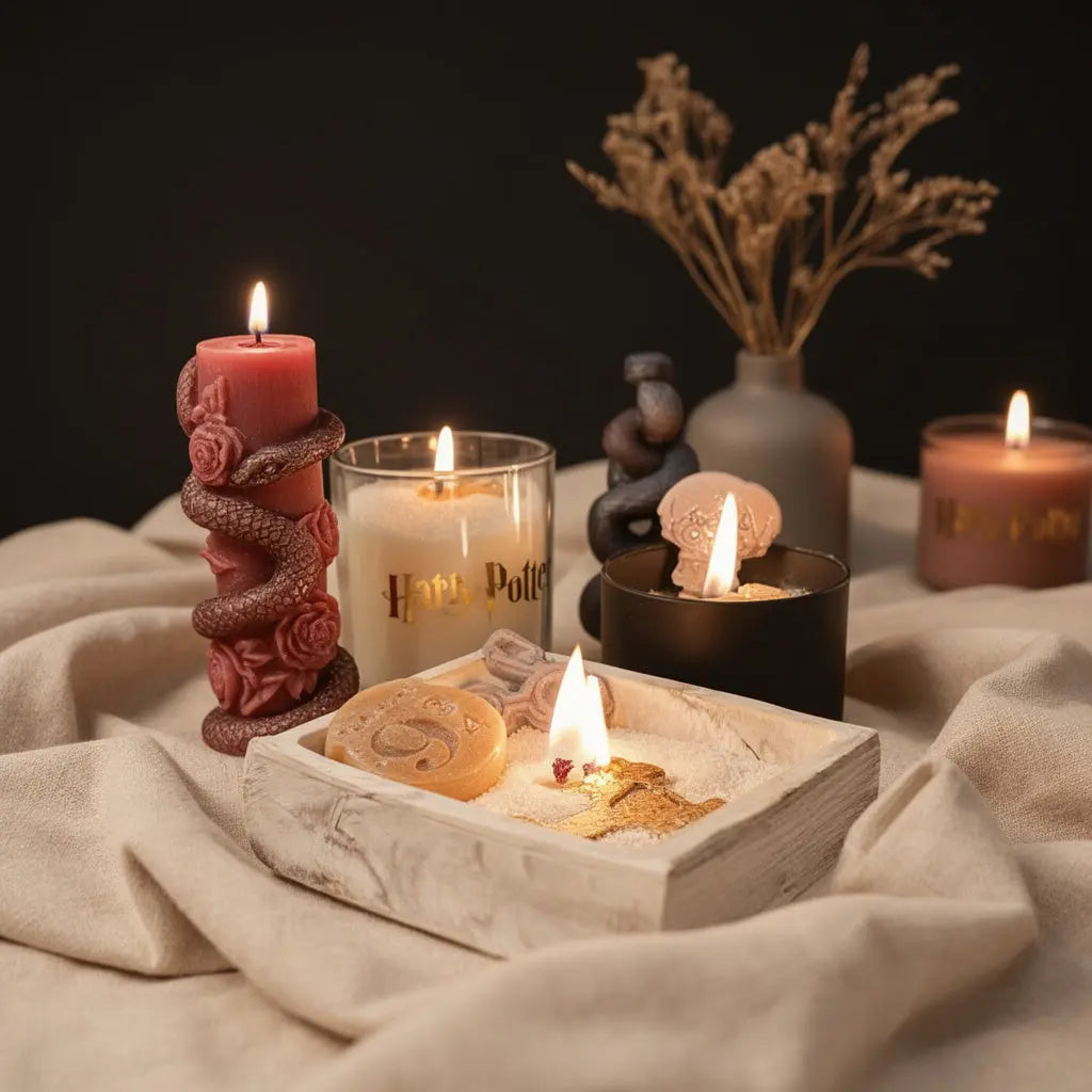 Complete Harry Potter candle set featuring concrete spellbook, black jar, glass jar, and snake sculpture