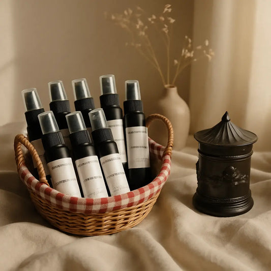 Aesthetic bottle of premium room and linen spray being used on home curtains and sofas