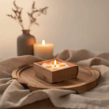 Large orange marble concrete book candle with white sand wax and pumpkin wax melts