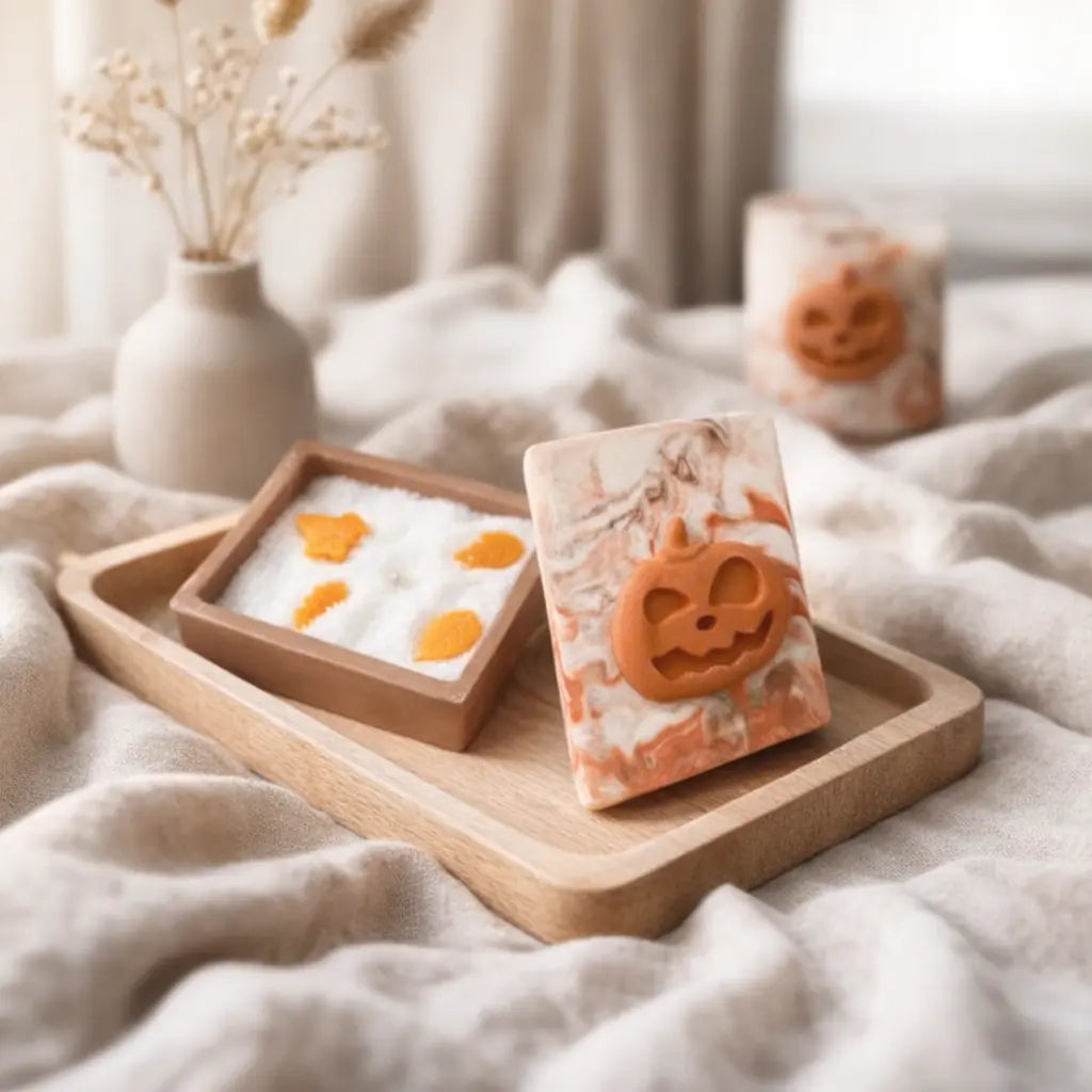 Large orange marble concrete book candle with white sand wax and pumpkin wax melts