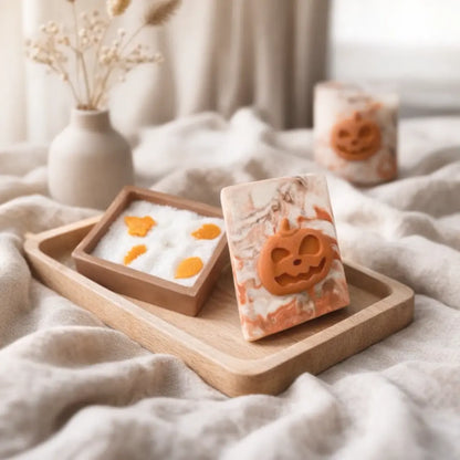 Large orange marble concrete book candle with white sand wax and pumpkin wax melts