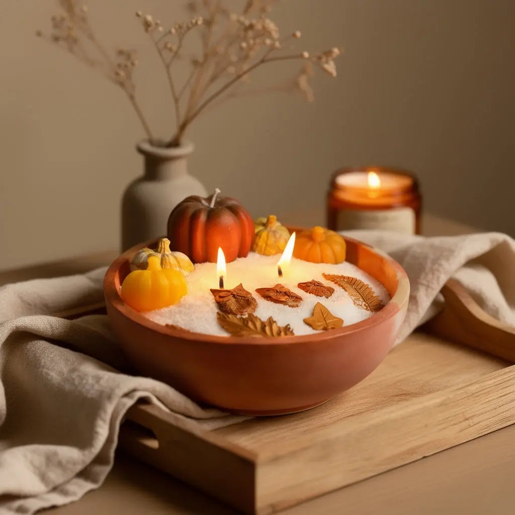Oversized orange marble concrete bowl candle with white sand wax and autumnal wax toppers
