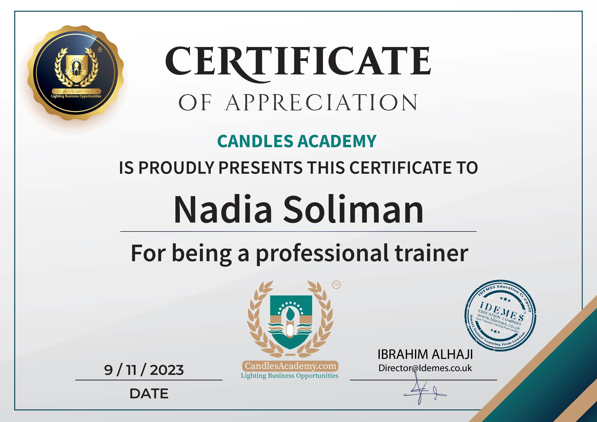 Certificate of Appreciation from Candles Academy for Nadia Soliman