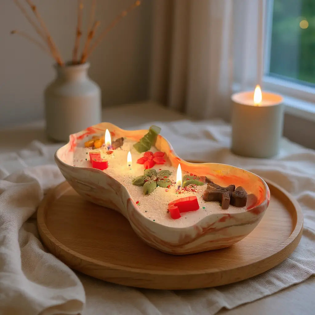 Festive Christmas sand wax candle with tree and gingerbread wax toppers in a red marble container