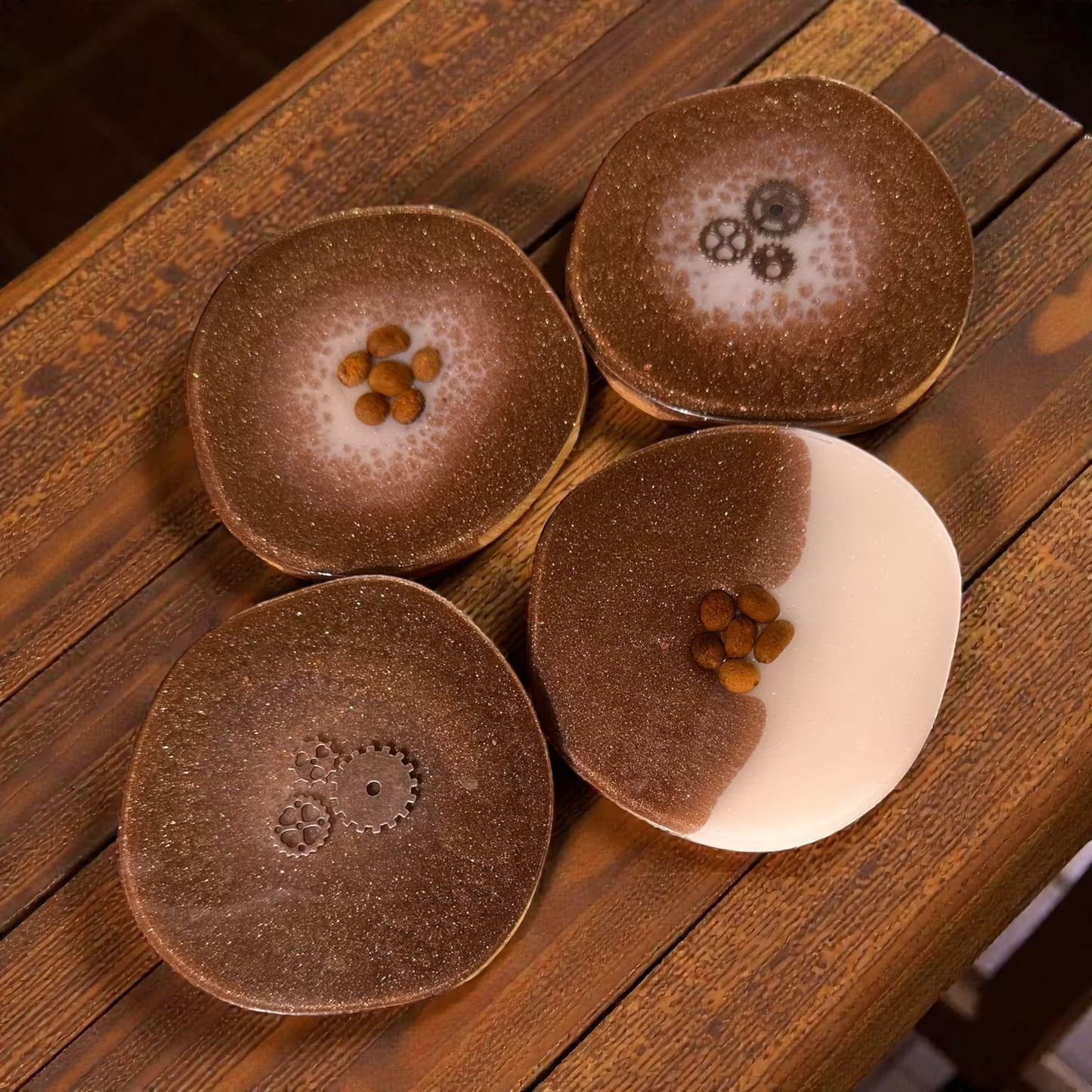 Shiny Brown Coffee & Cream Resin Coaster Set – Coffee Bean & Metallic Gear (4 Pieces) Craftique