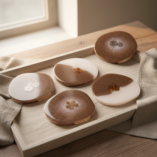 Handmade resin coasters with real coffee beans and metallic gears in a brown and cream marble design.