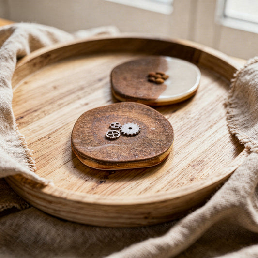 Handmade resin coasters with real coffee beans and metallic gears in a brown and cream marble design.