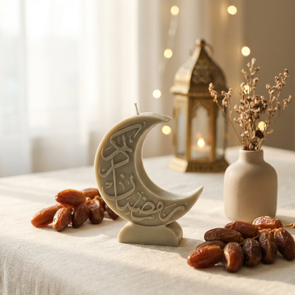 Engraved 200g crescent moon soy candle with Ramadan Kareem text - شمعة هلال رمضان كريم
