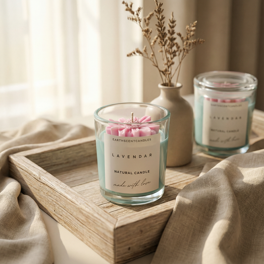 Custom luxury glass soy candle with personalized wax color and 3D handcrafted wax flowers - شمع صويا يدوي ملون