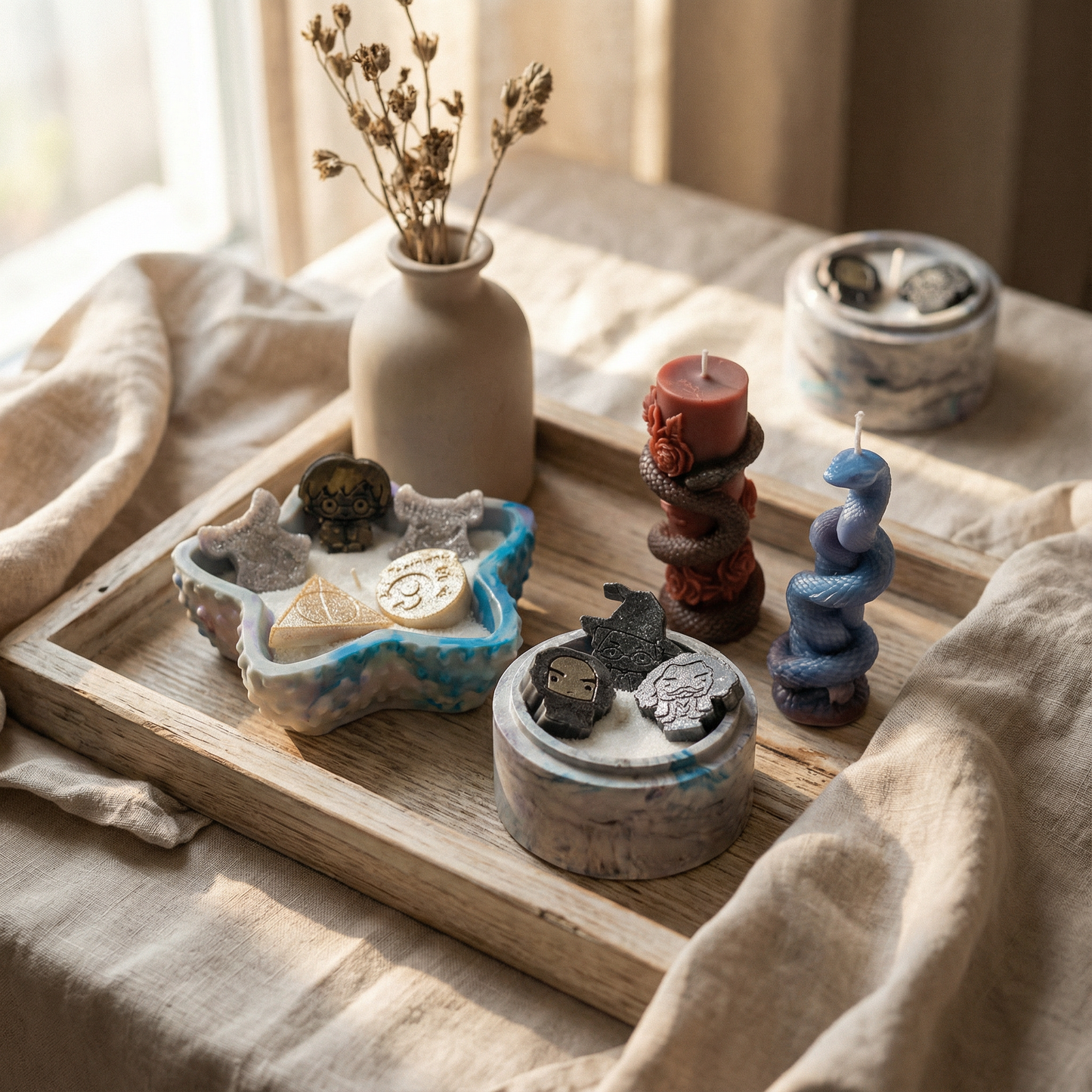 3-piece Galaxy Harry Potter candle set with star-shaped marble concrete and snake soy sculpture