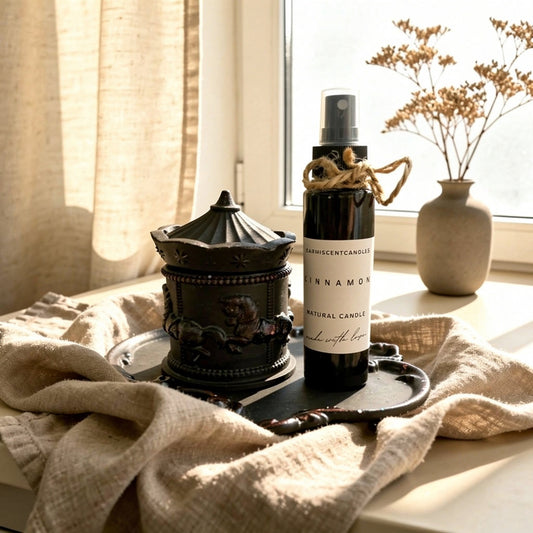 Aesthetic bottle of premium room and linen spray being used on home curtains and sofas