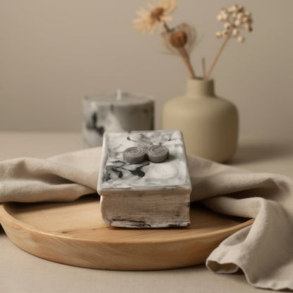  A heavy marble concrete container shaped like a vintage spellbook. Filled with snowy sand wax and topped with artisanal HP melts, it’s the ultimate centerpiece.