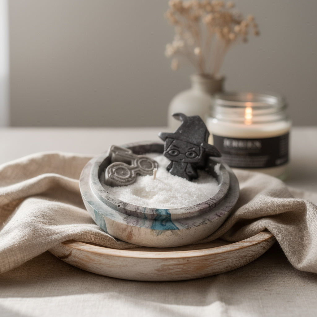 A sleek, cosmic-marble rounded vessel. Perfect for desks or themed shelves, it features a sand wax base and iconic wizarding world toppers