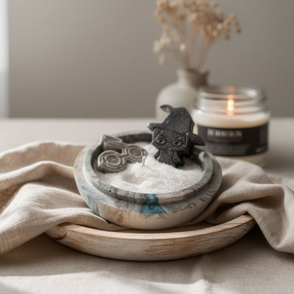A sleek, cosmic-marble rounded vessel. Perfect for desks or themed shelves, it features a sand wax base and iconic wizarding world toppers