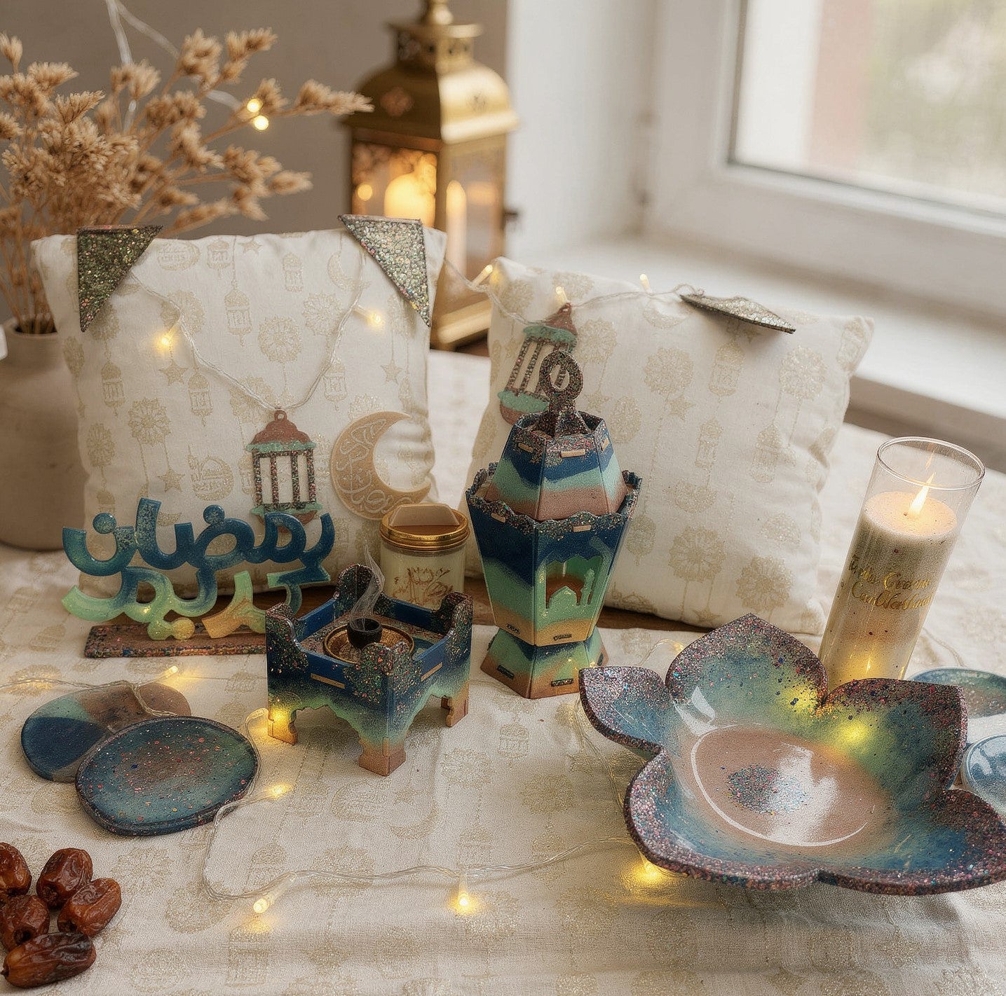 Ramadan 2026 personalized gift collection with resin fanoos and sand wax Egypt - هدايا رمضان ٢٠٢٦ مخصصة