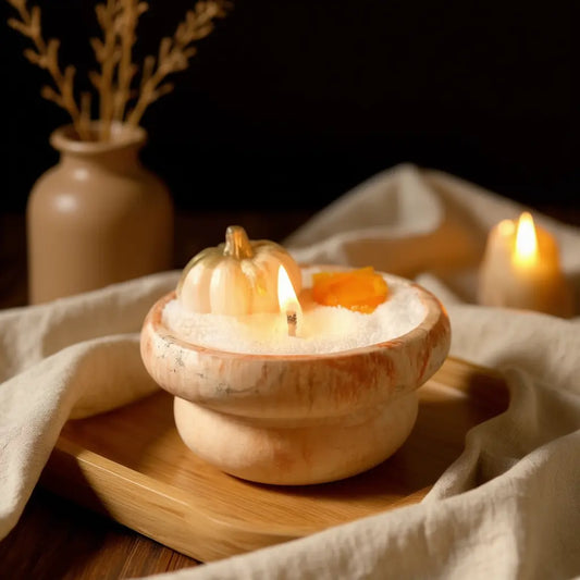 Handmade wide irregular marble concrete candle with orange soy wax and pumpkin toppers