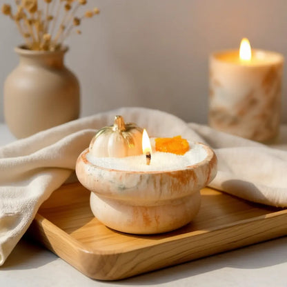 Handmade wide irregular marble concrete candle with orange soy wax and pumpkin toppers