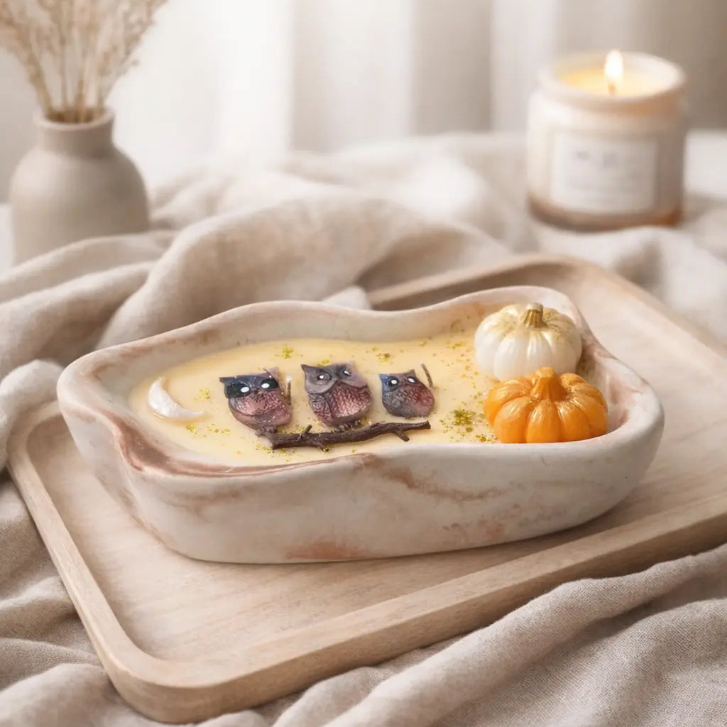 Handmade irregular boat-shaped marble concrete candle with orange soy wax and autumn toppers