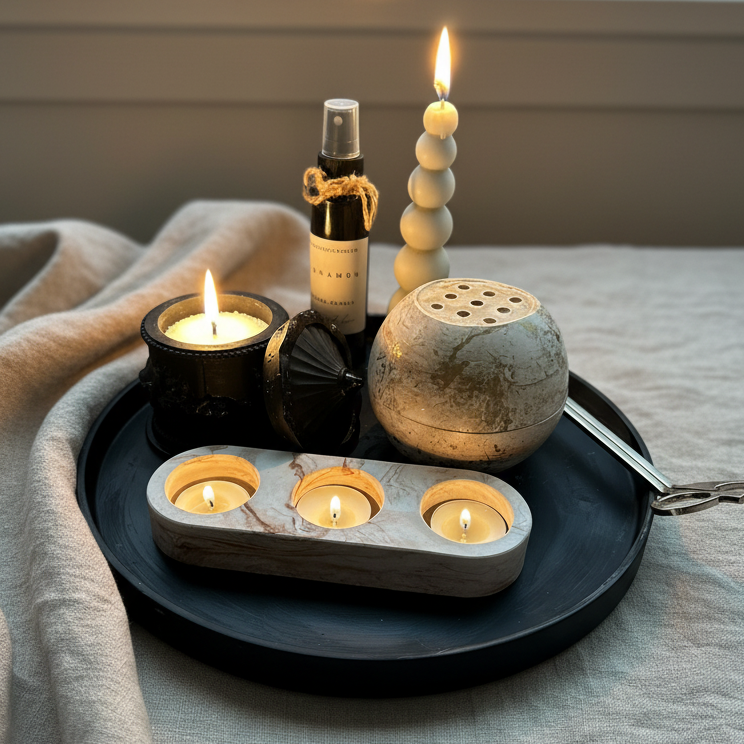 Tray with lit candles, a bottle, and decorative items on a textured surface.
