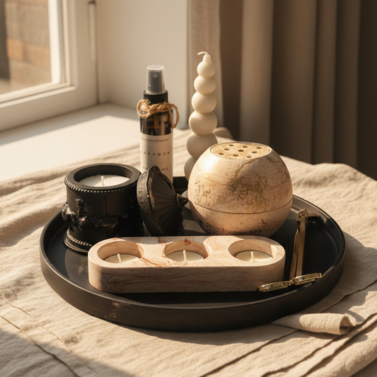 Tray with candles, diffuser, and other items on a textured surface near a window.