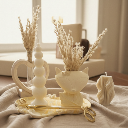 5-piece Golden Boho Set. Includes a marble royal tray, bubble candle, pampas fox vase, and heart vase.