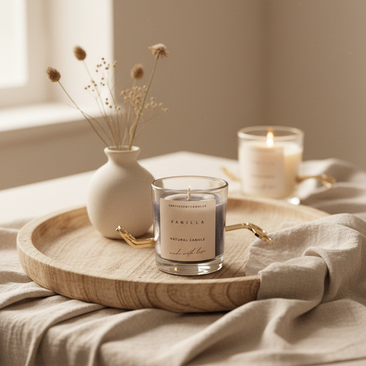 Candle and vase on a wooden tray with soft lighting