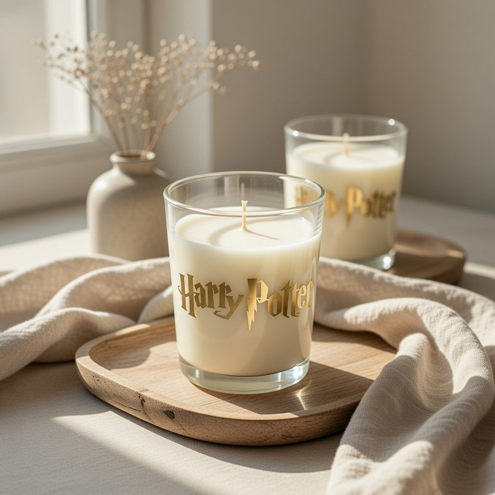 Two 'Harry Potter' branded candles on a wooden tray with a neutral background