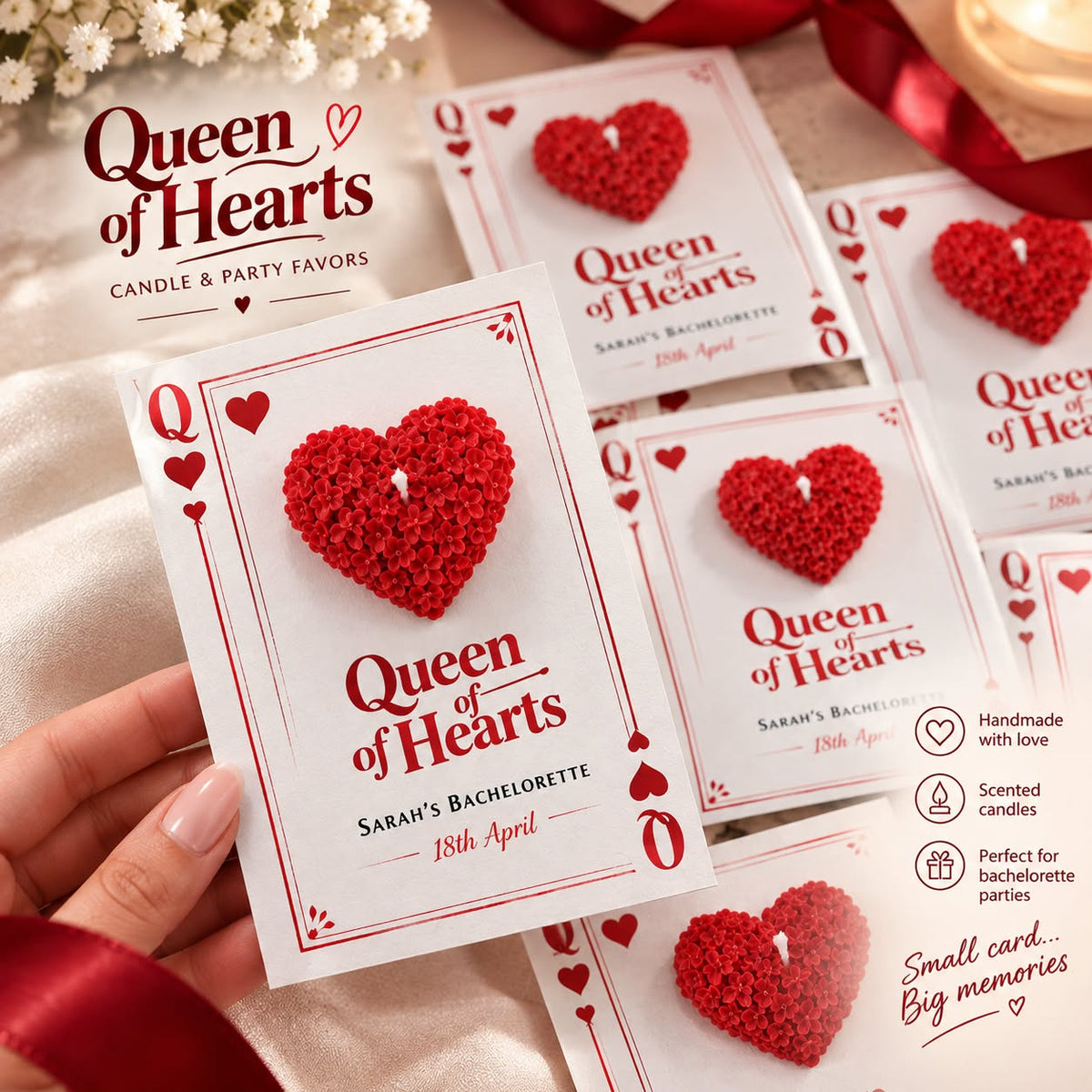 A hand holds a custom bachelorette card styled like a Queen of Hearts playing card, featuring a large red knitted heart in the center. Multiple identical cards are scattered in the background on a satin surface with red ribbon and white flowers, and product text overlays describe the handmade scented candles and party favors.