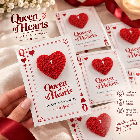 A hand holds a custom bachelorette card styled like a Queen of Hearts playing card, featuring a large red knitted heart in the center. Multiple identical cards are scattered in the background on a satin surface with red ribbon and white flowers, and product text overlays describe the handmade scented candles and party favors.
