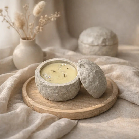 Ceramic container with a candle on a wooden plate, surrounded by neutral tones.