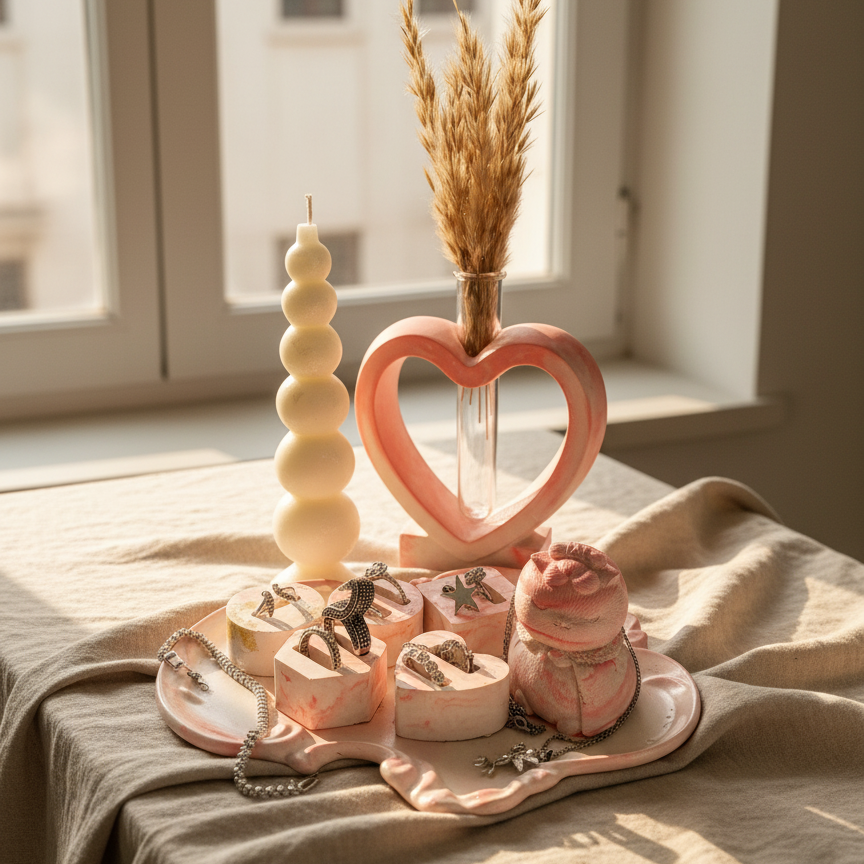 Royal pink dressing table set with pink marble tray, 5 jewelry holders, pink Japanese cat figure, heart vase, and bubble candle.
