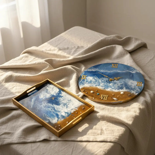 Handcrafted ocean resin watch tray with 3D blue waves and real seashells for jewelry display.