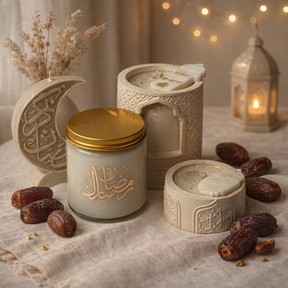 4-piece Ramadan candle set with crescent moon and concrete jars - طقم شموع رمضان بالهلال والكونكريت
