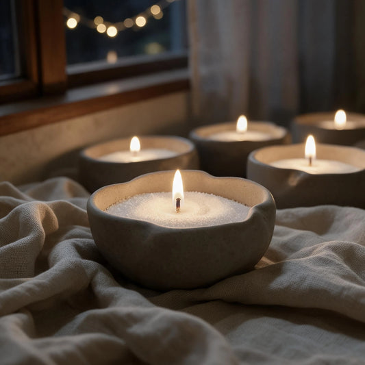 A set of textured pot candles with white wax and lit wicks, arranged on draped beige linen fabric near a window with warm string lights in the background.