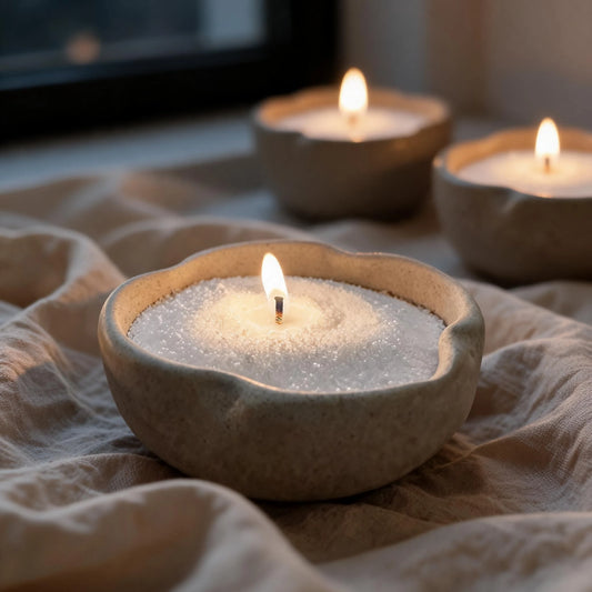 A close-up of a lit candle in a textured ceramic bowl, with two more candles softly blurred in the background on draped beige fabric.