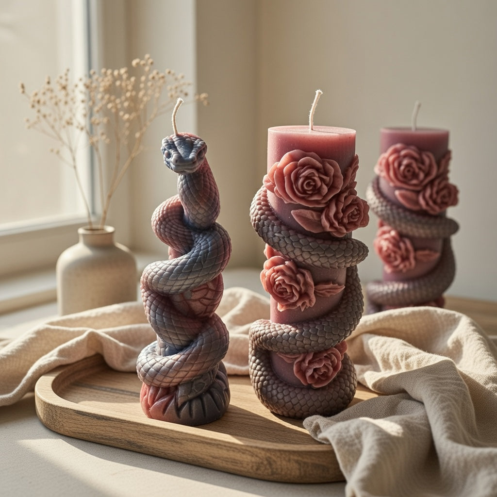 Decorative candles with floral designs on a wooden tray.