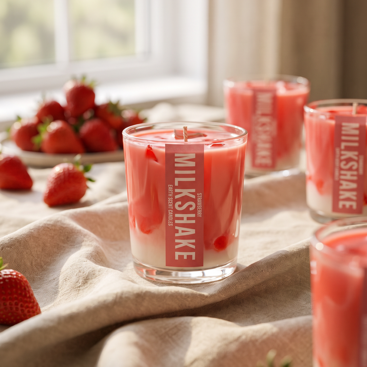 A strawberry-themed candle in a clear glass jar sits on a beige linen tablecloth, surrounded by fresh strawberries. The candle wax is pink and white with swirls of strawberry puree, and the label reads 'MILKSHAKE CANDLE COMPANY'.