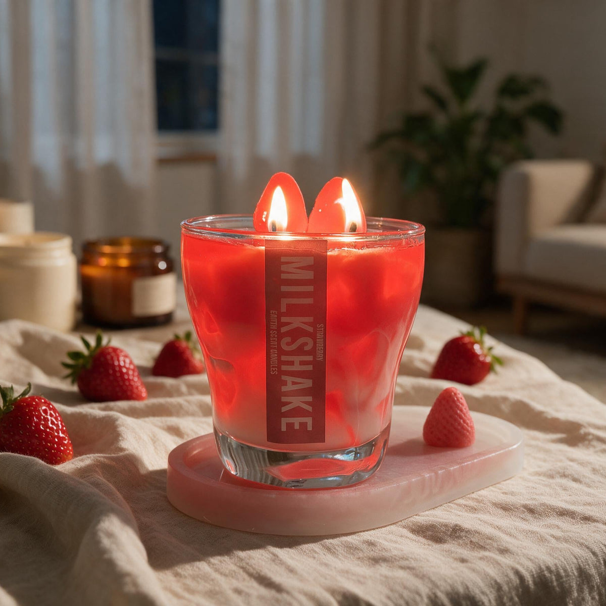 A red wax candle in a clear glass holder with two lit wicks, placed on a pink tray on a bed in a cozy bedroom setting. The candle has a vertical label reading 'MILKSHAKE'.